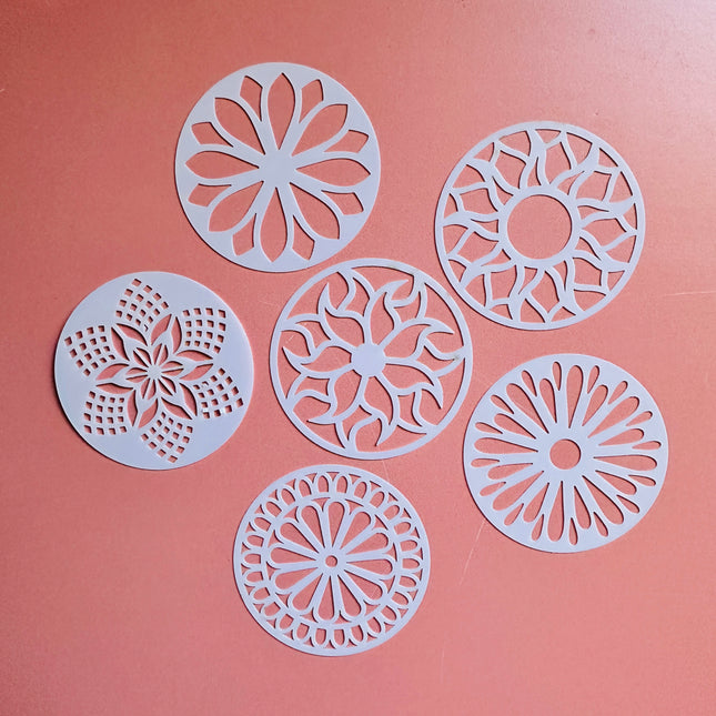 Pocket Full of Posies Stencil Set – 6-Piece 2.5" Floral Mandala Stencils for Earrings, Pendants, Coasters and Clay trading coins - Create Along 
