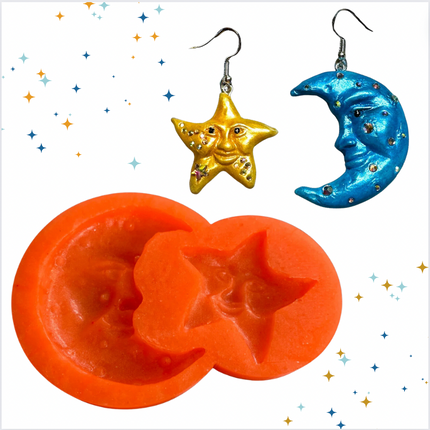 Crescent Man in the Moon and Star Silicone Earring Jewelry Mold for UV resin, polymer clay tools and supplies - Create Along 