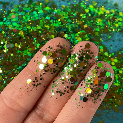 Northern Lights chunky green gold holo Glitter for pens candles earrings clay resin mugs slime tumblers nail art 2 oz - Create Along 