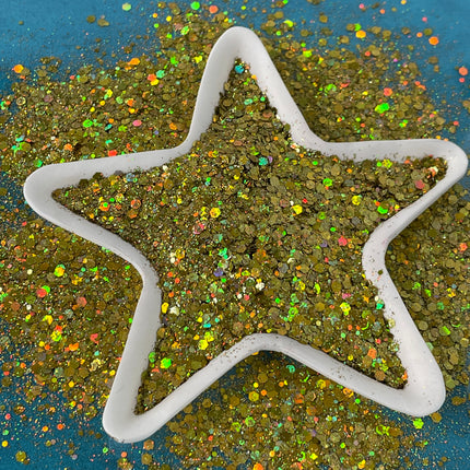 Golden Shimmer Greengold Holographic Chunky Glitter for pens candles earrings clay resin mugs slime tumblers nail art 2 oz - Create Along 