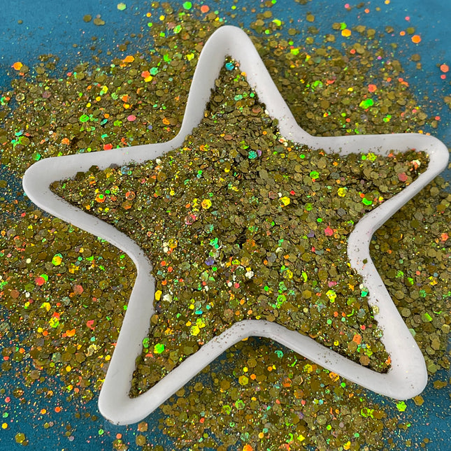 Golden Shimmer Greengold Holographic Chunky Glitter for pens candles earrings clay resin mugs slime tumblers nail art 2 oz - Create Along 