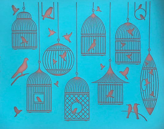 Silkscreen Fly Free Birds Birdcage Stencil for Polymer Clay, Art Jewelry and Mixed Media