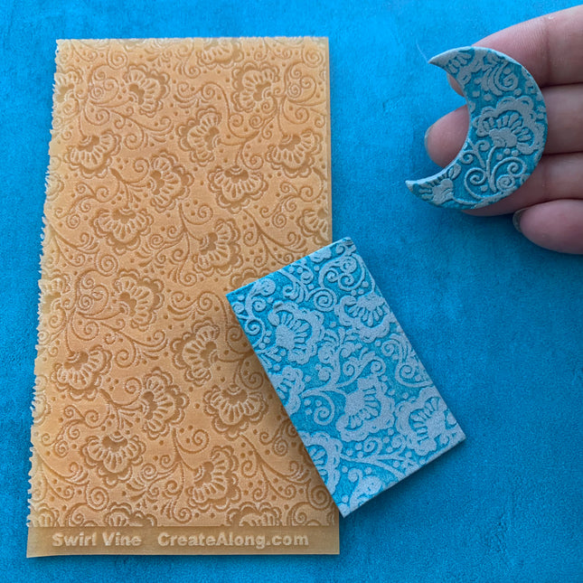 Swirl Vine Texture Mat Silicone rubber Stamp for polymer clay paper Gelli plate and resin - Create Along 