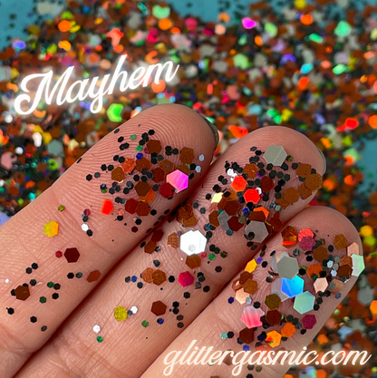 Mayhem Glitter Orange Black Holo Halloween pens candles earrings clay resin mugs slime tumblers nail art 2 oz - Create Along 