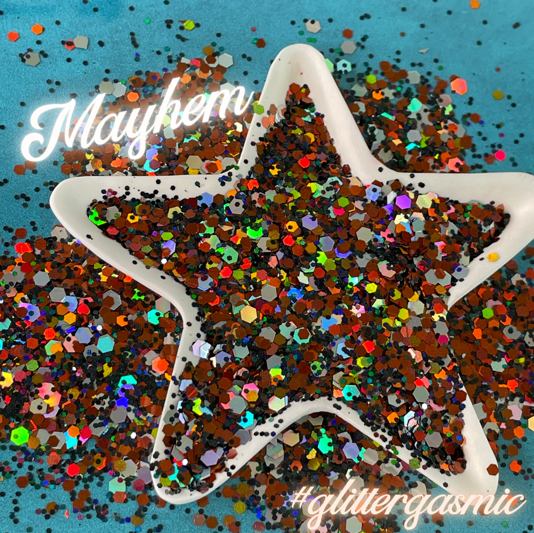 Mayhem Glitter Orange Black Holo Halloween pens candles earrings clay resin mugs slime tumblers nail art 2 oz