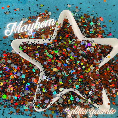 Mayhem Glitter Orange Black Holo Halloween pens candles earrings clay resin mugs slime tumblers nail art 2 oz - Create Along 